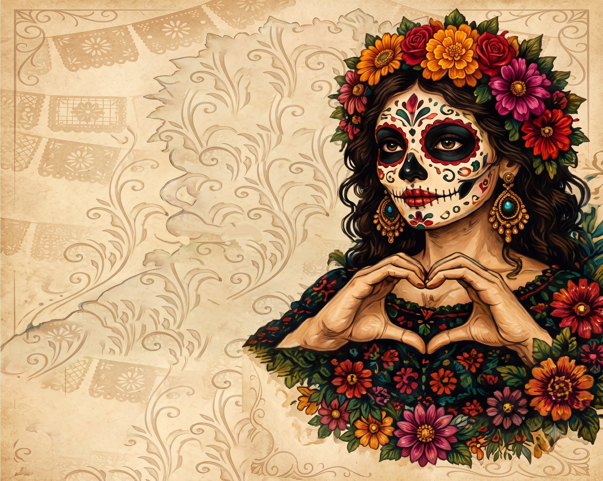 La Catrina crowned with marigolds, Taste of Tulum illustration