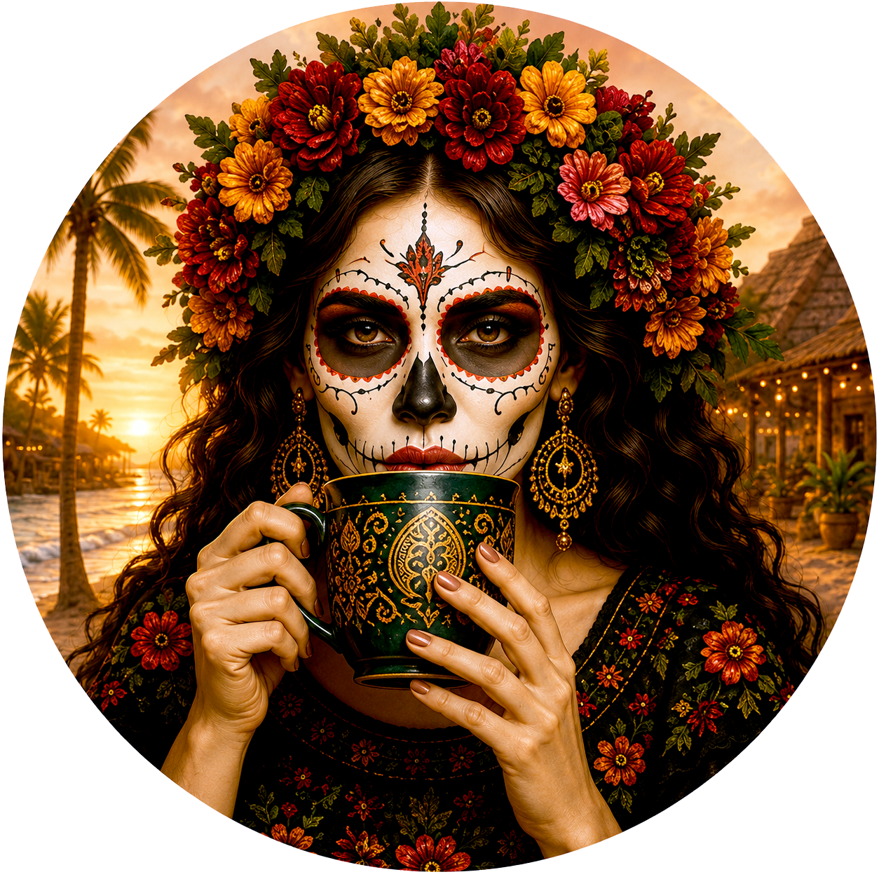La Catrina crowned with marigolds, sipping from an ornate cup at a Tulum beach sunset