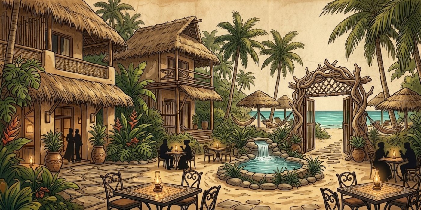 Illustrated colonial courtyard at dusk with a stone fountain, candlelit tables and bougainvillea