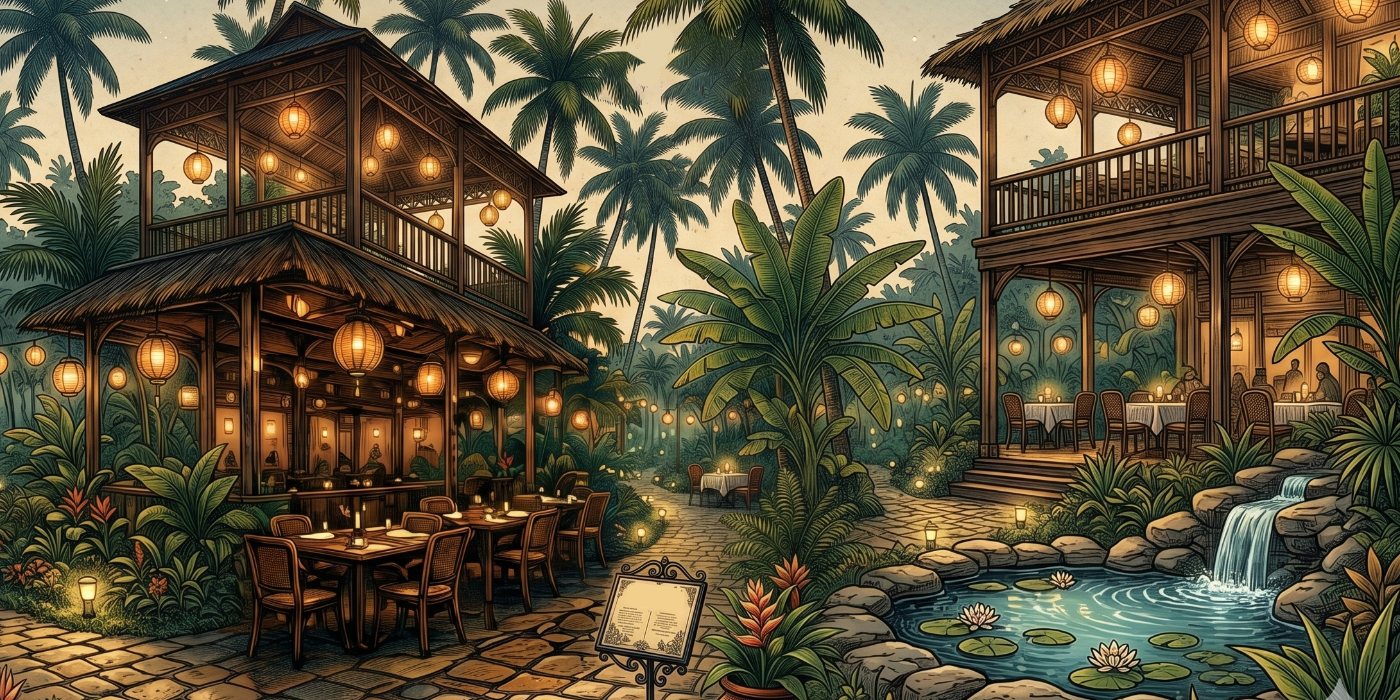 Illustrated tropical jungle restaurant with lantern-lit terraces, palms and a lily pond