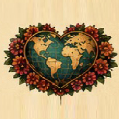 Heart-shaped world globe wreathed in flowers